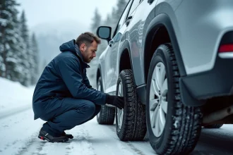 Homme installant une chaussette de neige sur le pneu arrière d'un SUV sur route enneigée en montagne