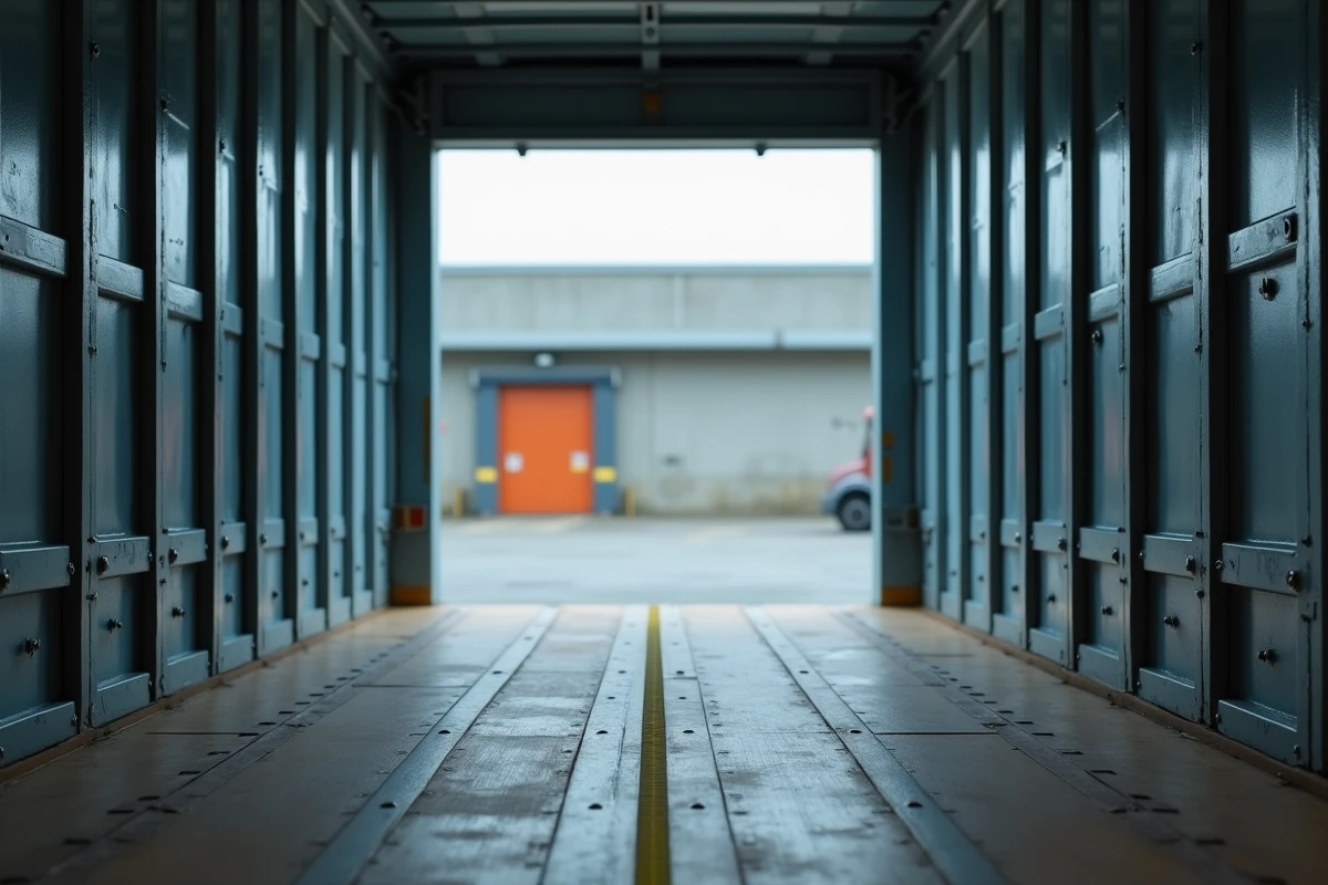 Intérieur vide d'une caisse de camion 6 roues avec mètre ruban au sol illustrant le volume utile de chargement en longueur