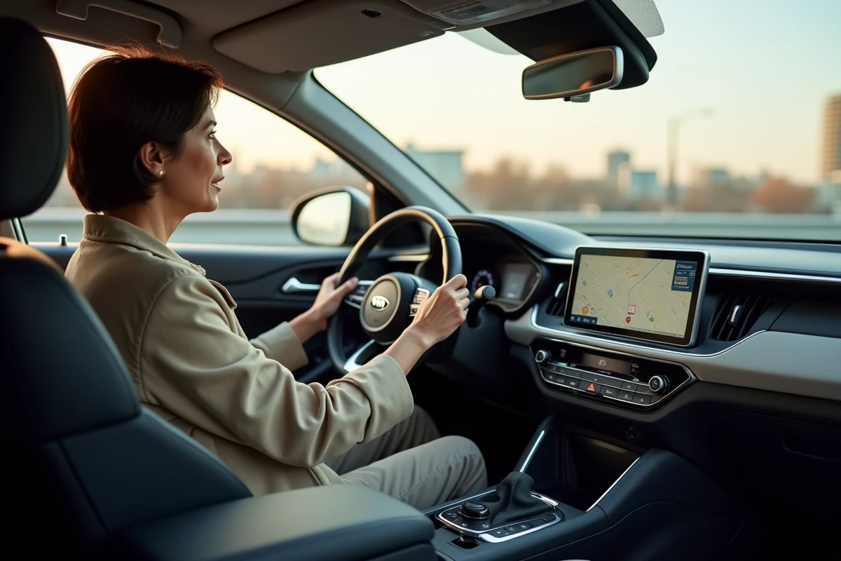 Femme au volant d'une Kia Niro regardant l'écran tactile central dans un intérieur moderne et bien équipé
