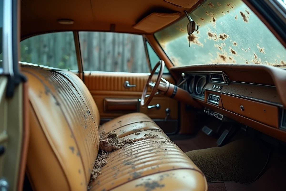 Intérieur d'origine de la Chevrolet Impala 1967 avec sièges en vinyle craquelé, tableau de bord poussiéreux et garniture de plafond abîmée