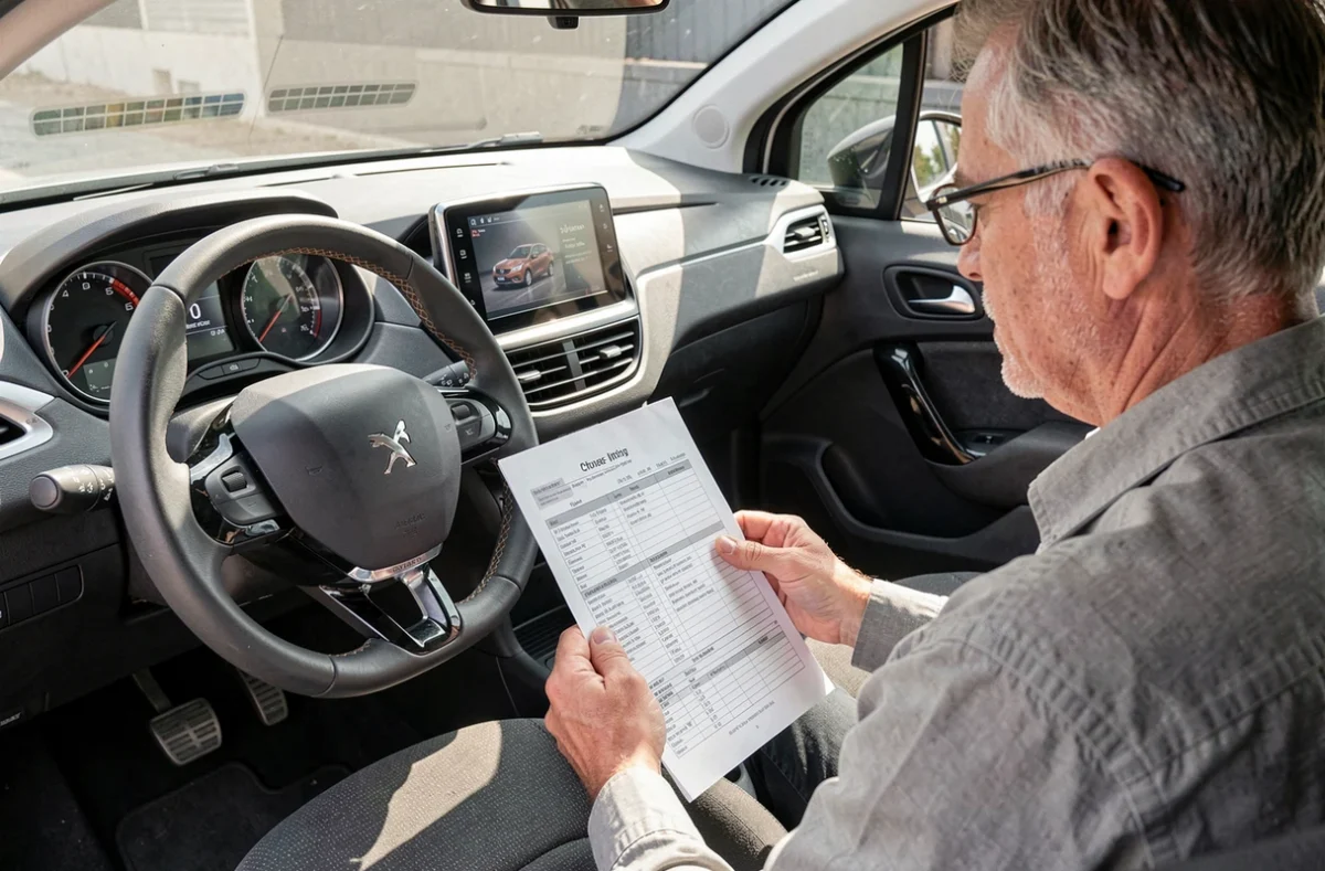 Intérieur d'une Peugeot 208 d'occasion avec acheteur consultant l'historique du véhicule