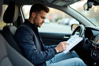 Jeune conducteur assis dans sa voiture consultant son contrat d'assurance auto
