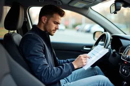 Jeune conducteur assis dans sa voiture consultant son contrat d'assurance auto