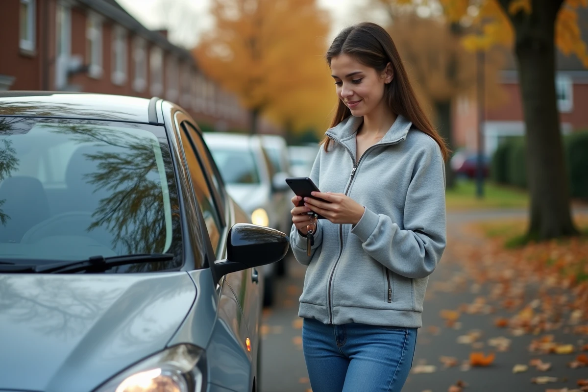 Jeune conductrice vérifiant son assurance auto sur smartphone devant sa voiture