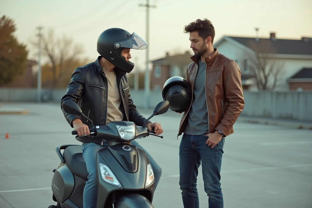 Jeune homme inspectant un scooter 125cc d'occasion dans un parking suburbain avant achat