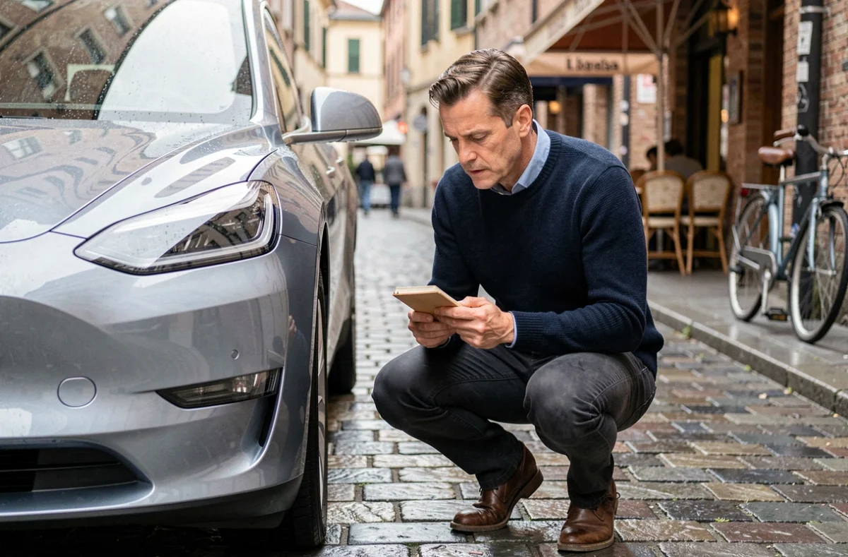 Journaliste automobile inspectant le badge d'une voiture électrique de marque européenne commençant par E dans une rue pavée