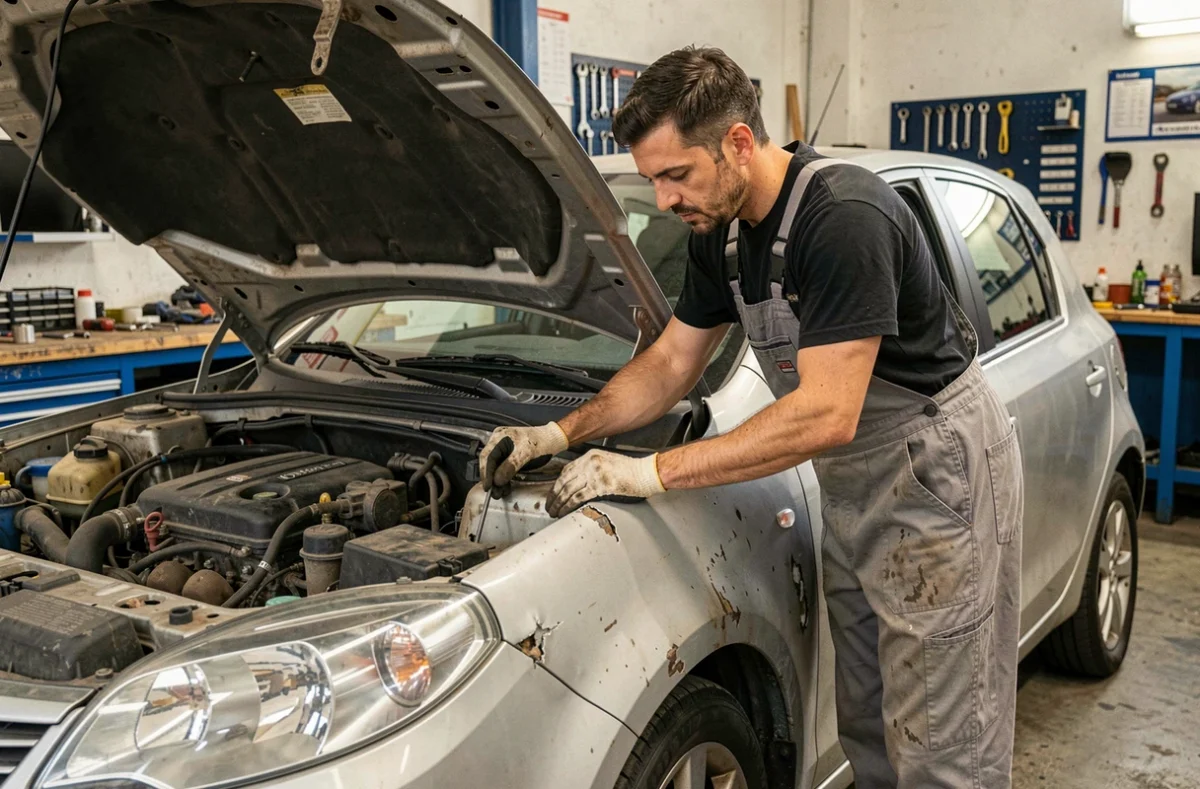 Mécanicien polyvalent travaillant sur la mécanique et la carrosserie d'un véhicule chez Juvenal Auto à Montpellier