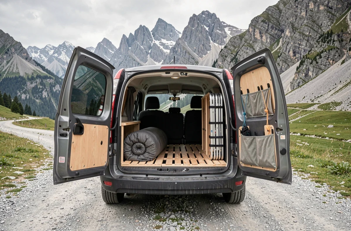 Kangoo aménagé en van avec lit en bois et rangements amovibles ouvert sur un paysage de montagne