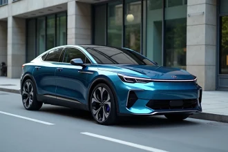 Kia EV6 bleu métallisé garé dans une rue urbaine moderne, vue trois-quarts avant