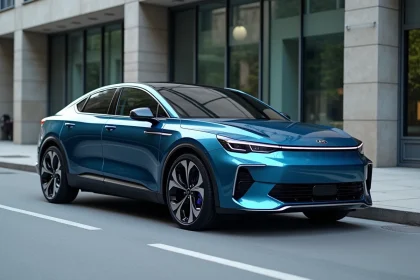 Kia EV6 bleu métallisé garé dans une rue urbaine moderne, vue trois-quarts avant