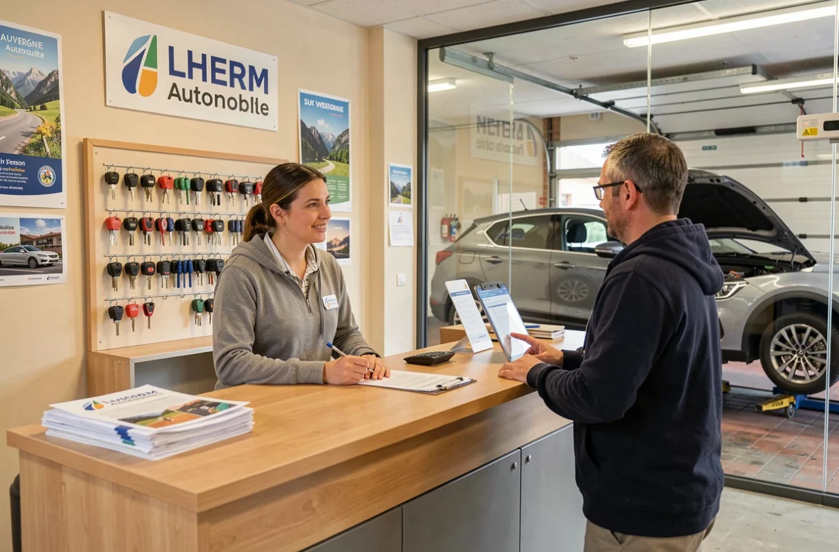 Réception professionnelle du garage Lherm Automobile à Riom avec une cliente en consultation