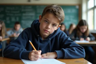 Jeune lycéen passant l'examen ASSR 1 en classe, concentré sur sa feuille de réponses