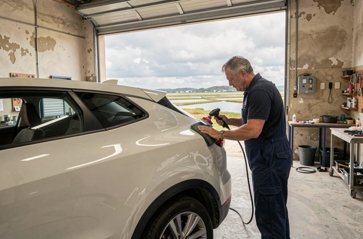 Technicien carrossier travaillant sur un SUV blanc dans l'atelier de Marseillan Auto près du bassin de Thau