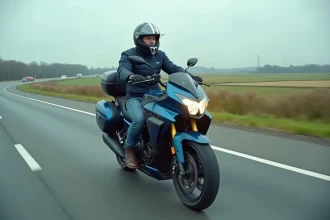 Motard sur un maxi-scooter sur l'autoroute en France, idéal pour les longs trajets à grande vitesse
