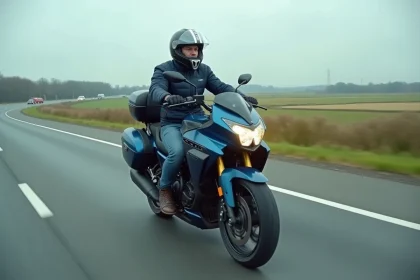 Motard sur un maxi-scooter sur l'autoroute en France, idéal pour les longs trajets à grande vitesse