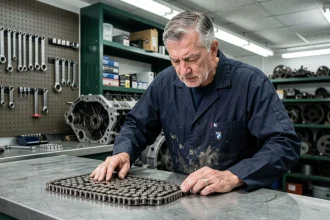 Mécanicien inspectant une chaîne de distribution BMW sur un établi dans un atelier automobile professionnel