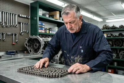 Mécanicien inspectant une chaîne de distribution BMW sur un établi dans un atelier automobile professionnel
