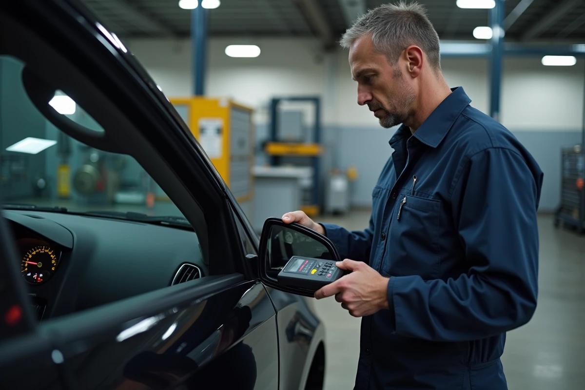 Mécanicien utilisant un scanner OBD pour diagnostiquer un voyant point d'exclamation sur une voiture en garage