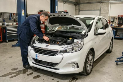 Mécanicien inspectant le moteur 1.2 PureTech d'une Peugeot dans un garage automobile moderne