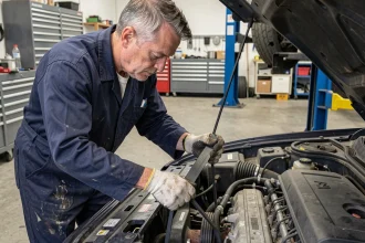 Mécanicien remplaçant une courroie de distribution sur un moteur de voiture dans un garage automobile