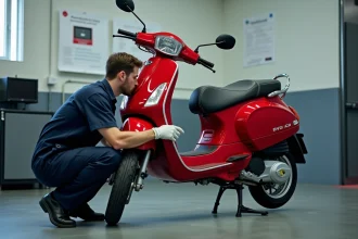 Mécanicien inspectant un scooter 125cc lors d'un contrôle technique dans un centre agréé