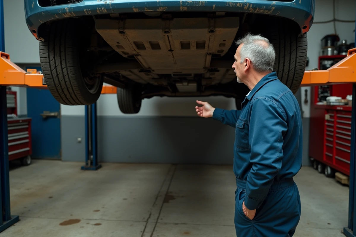 Mécanicien inspectant le châssis rouillé d'une Porsche Boxster soulevée sur un pont hydraulique dans un garage indépendant