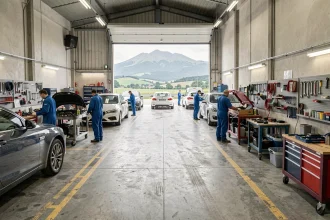 Vue panoramique d'un garage automobile professionnel dans le Puy-de-Dôme avec plusieurs véhicules en réparation et des mécaniciens au travail