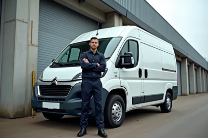 Chauffeur livreur mesurant la hauteur d'un utilitaire L2H2 devant un portail industriel avec une règle jaune