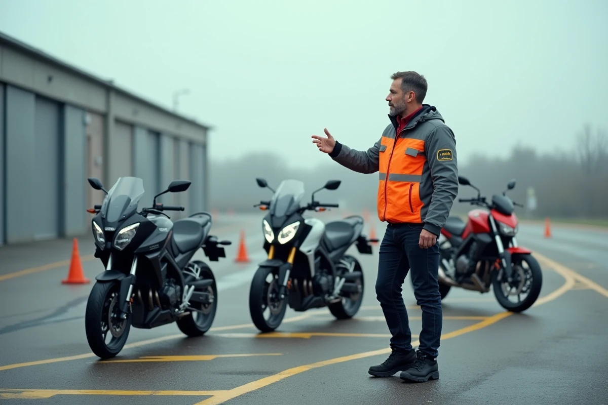 Moniteur d'auto-école moto expliquant les restrictions du permis A2 sur un circuit d'entraînement