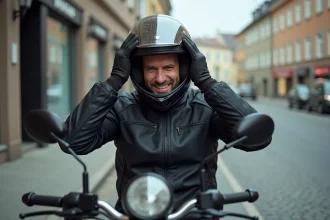 Motard retirant son casque intégral avec une expression de douleur due à une pression sur le front et les tempes