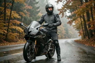 Motard équipé d'une veste blindée CE niveau 2, casque intégral et gants de protection à côté d'une moto puissante sur route mouillée en forêt d'automne