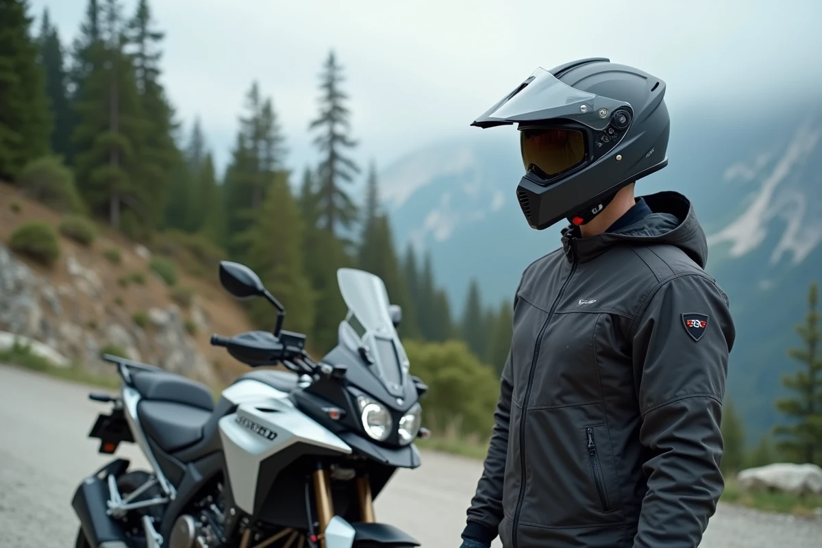 Motard équipé d'un intercom Sena sur casque en montagne à côté de sa moto
