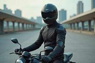 Jeune motard en équipement homologué A2 posant à côté d'une moto de puissance limitée dans un parking urbain