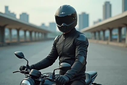 Jeune motard en équipement homologué A2 posant à côté d'une moto de puissance limitée dans un parking urbain