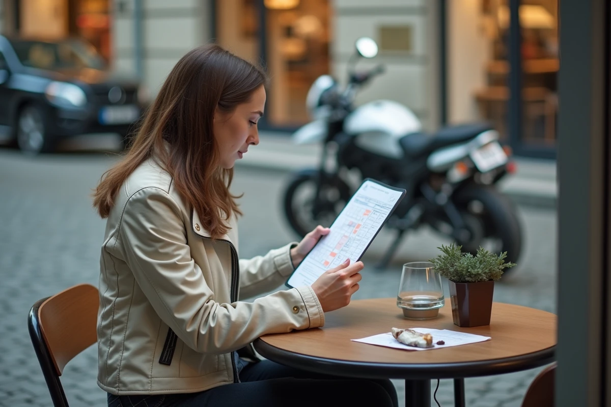 Motarde consultant les restrictions de conduite liées au permis A2 dans un café en ville