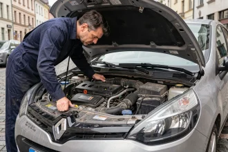 Mécanicien inspectant un moteur 1.5 dCi Renault Clio IV dans un atelier urbain