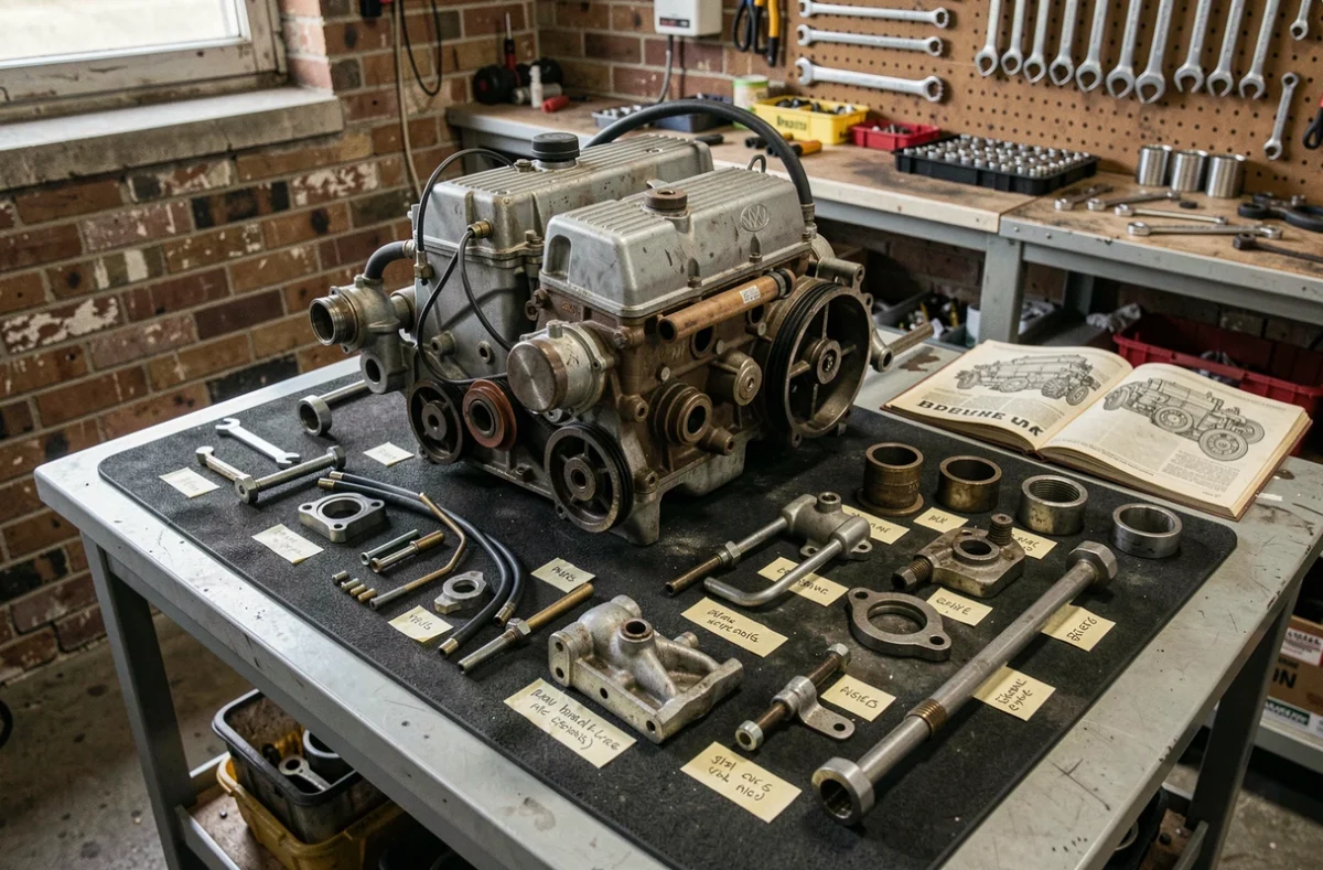Moteur à plat du Volkswagen Type 2 T3 entièrement démonté et disposé sur un établi d'atelier pour une restauration à petit budget