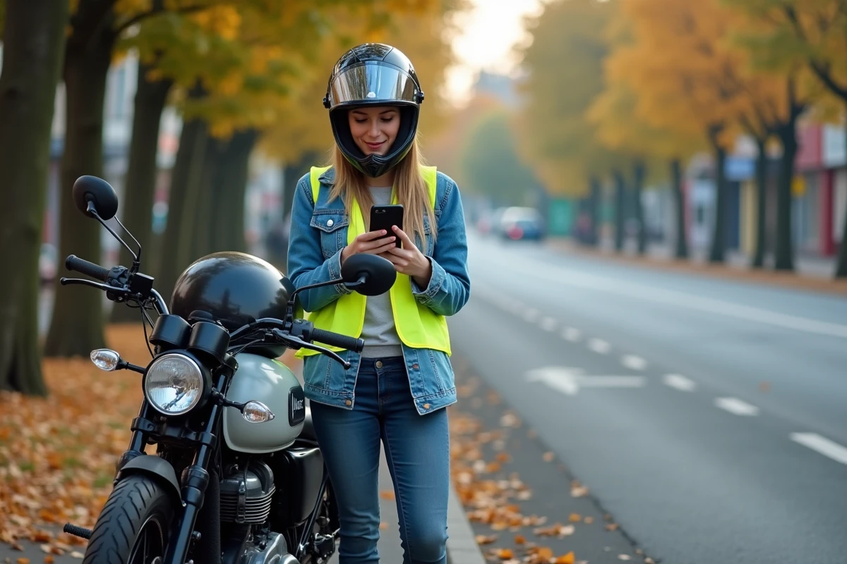 Femme debout à côté d'une moto 125cc garée en bord de route suburbaine consultant son téléphone