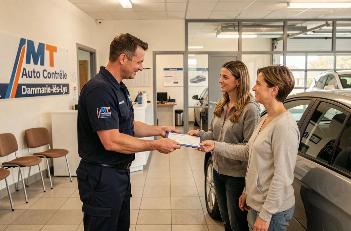 Technicien MT Auto Contrôle à Dammarie-lès-Lys remettant le certificat de contrôle technique à une cliente