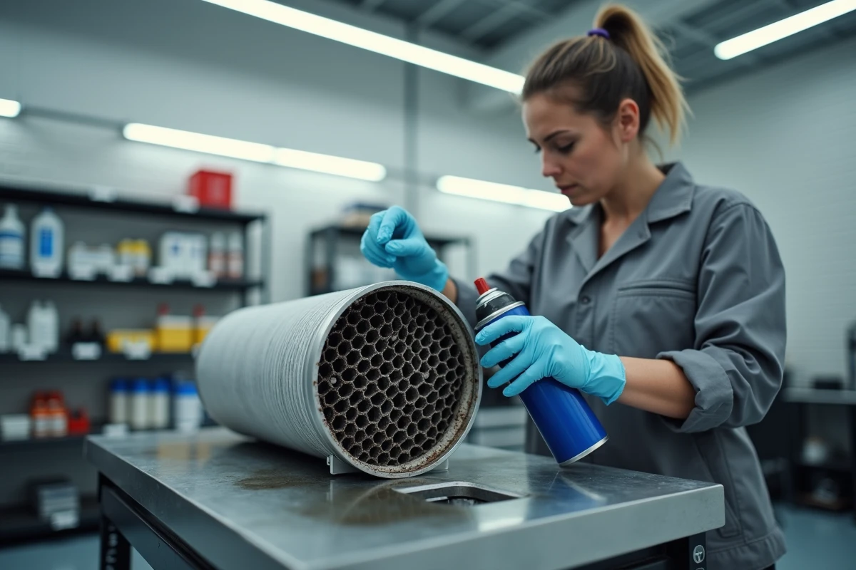 Technicienne automobile nettoyant un filtre à particules diesel avec un produit chimique spécialisé sur un établi