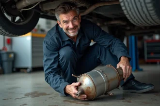 Mécanicien automobile retirant un catalyseur d'un véhicule surélevé dans un atelier de réparation professionnel