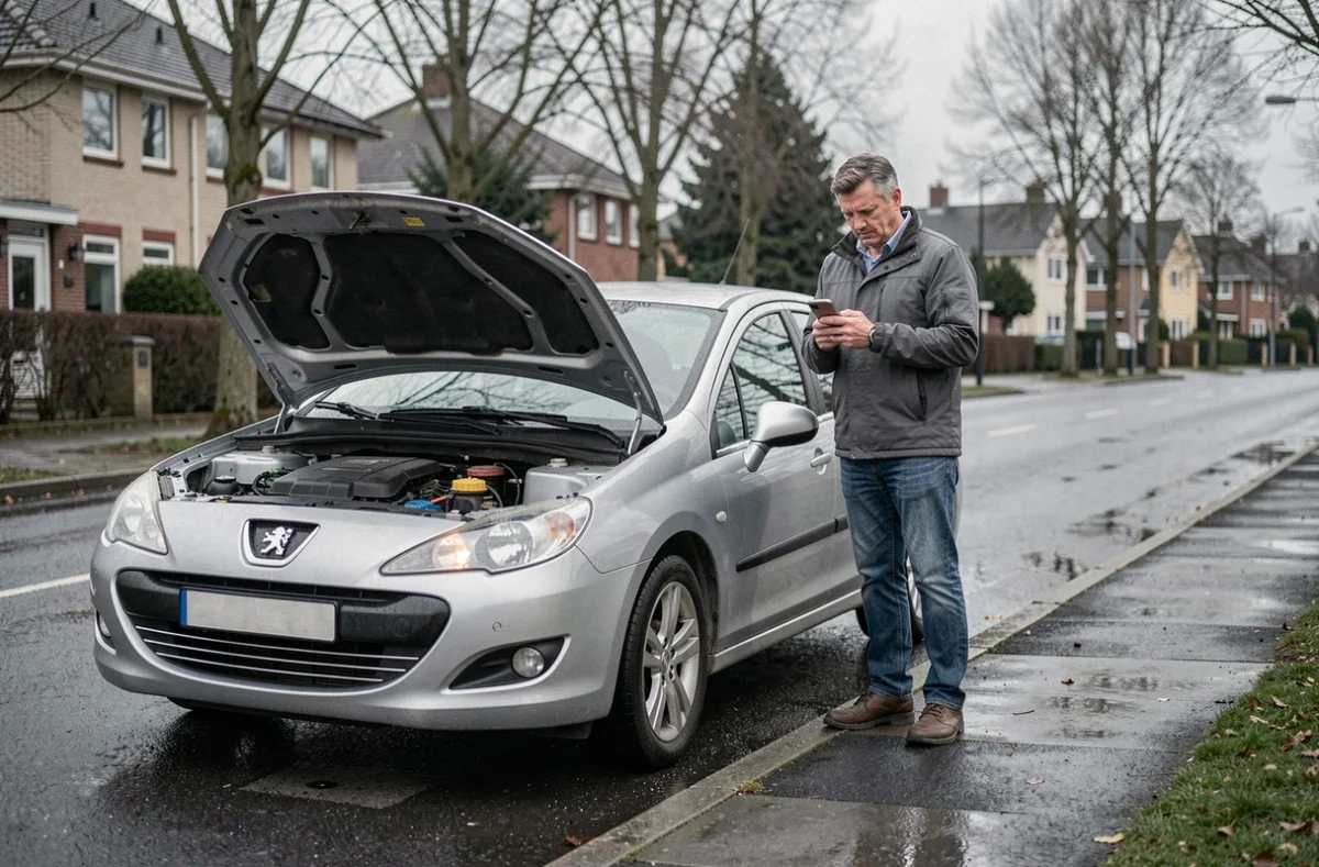 Conducteur en panne sur le bord de la route avec une Peugeot au capot ouvert par temps couvert