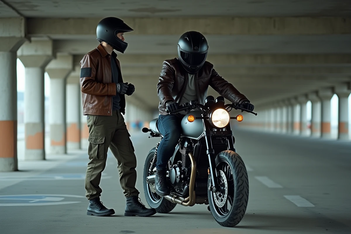 Passager debout à côté d'une moto dans un parking souterrain après être descendu côté gauche, pilote encore assis sur la selle