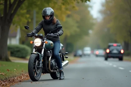 Passagère descendant prudemment d'une moto garée en tenant la poignée passager, pied gauche posé au sol en premier