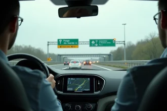 Vue depuis l'habitacle d'une voiture française devant un péage d'autoroute avec panneau indiquant un itinéraire alternatif gratuit