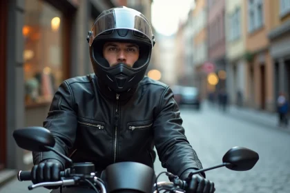 Jeune homme en tenue de moto portant un casque intégral assis sur une moto 125cc dans une rue urbaine pavée