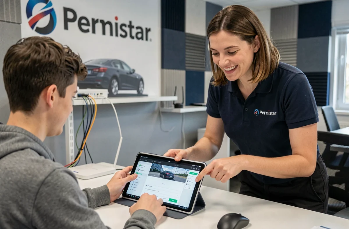 Élève de Permistar utilisant une tablette pour réviser le code de la route avec une monitrice en polo brandé derrière lui