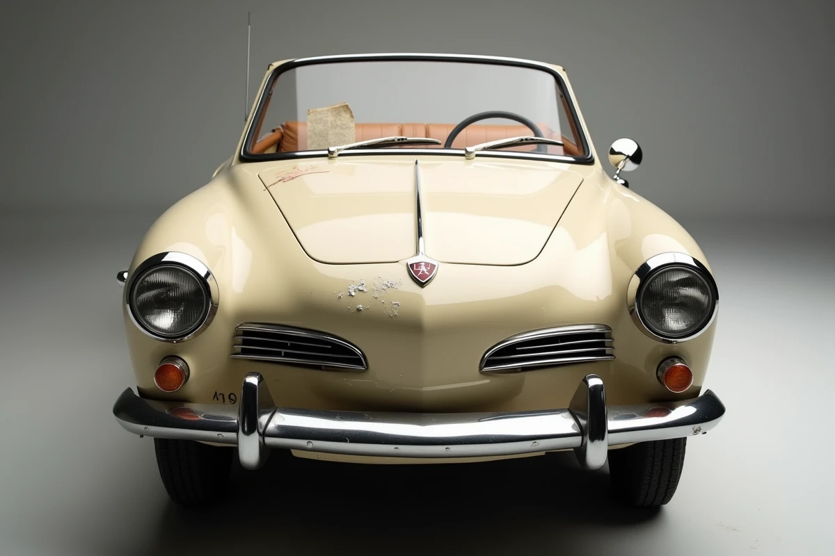 Peugeot 403 cabriolet entièrement restaurée en studio, finition beige vieillie avec chrome patiné et intérieur cuir usé, réplique fidèle de la voiture de Columbo