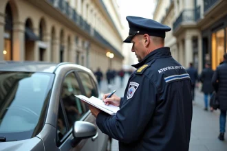 Agent de police rédigeant un procès-verbal pour une infraction de 4e classe en stationnement interdit sur une rue parisienne