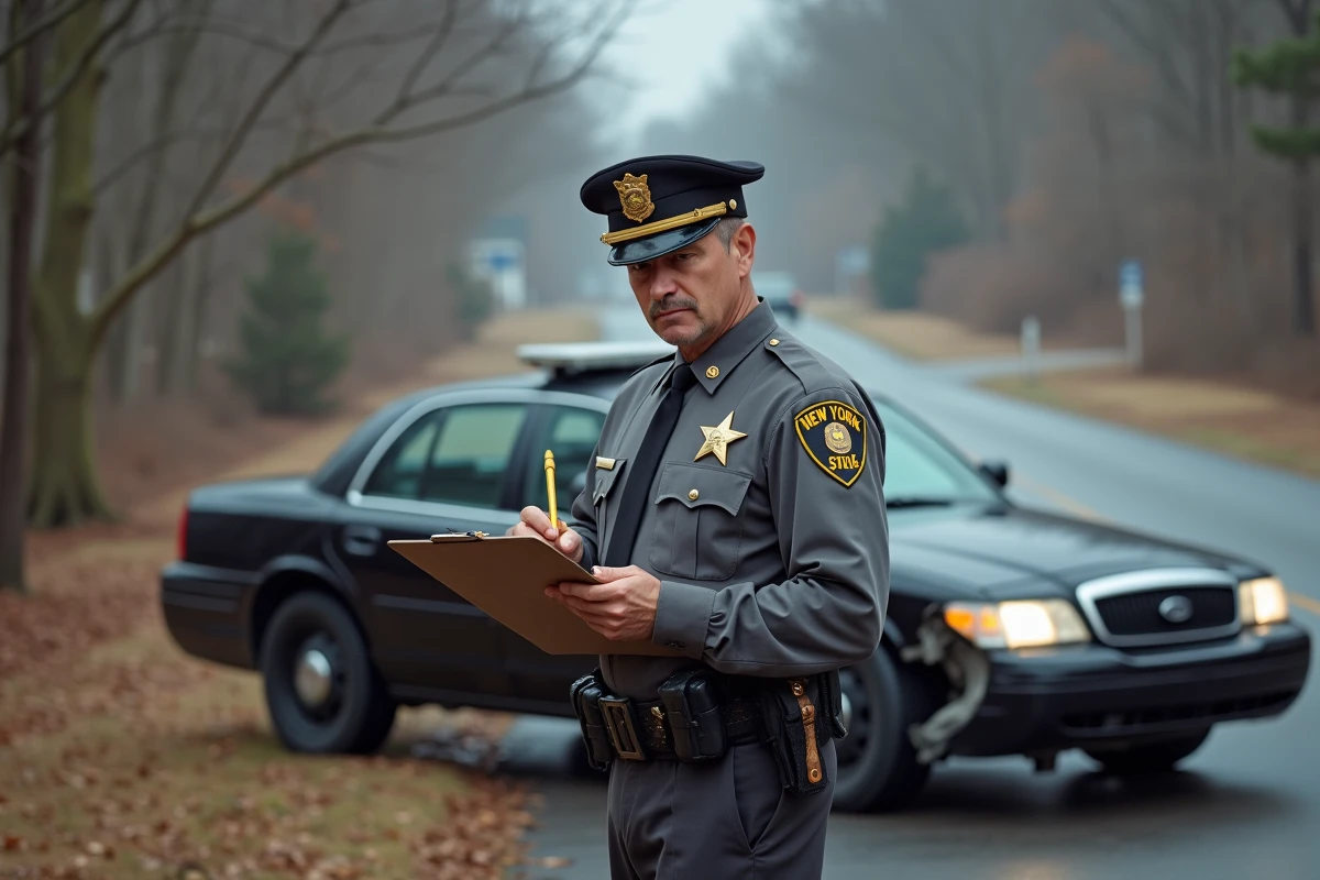 Policier de l'État de New York rédigeant un rapport après une collision avec un cerf sur le bord de la route